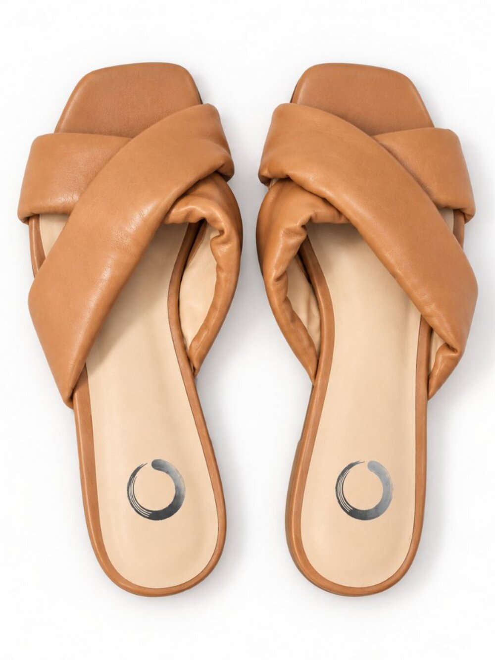 Tan Cognac Padded Knot Flat Slide Sandals Square Toe Size 8.5